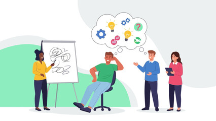 Fototapeta premium Team brainstorming new ideas with whiteboard and thought bubble, collaboration and innovation