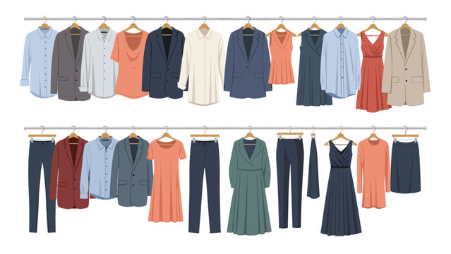 Extensive wardrobe display of men's and women's clothing, including shirts, dresses, suits, and pants, on hangers in a closet.