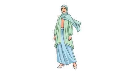Fototapeta premium Full-body illustration of a woman wearing a long green coat, blue dress, and headscarf against a white background.