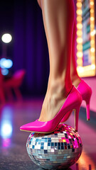 A close-up of a womans legs in pink high heels stepping on a disco ball Capturing the glamorous and