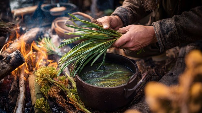Bushcraft skills are on display as someone prepares natural ingredients over an open fire, showcasing survivalist techniques and connection to nature. A tranquil, earthy scene. - Powered by Adobe