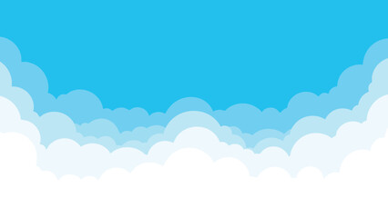 A bright blue sky with fluffy white clouds forming a peaceful horizon