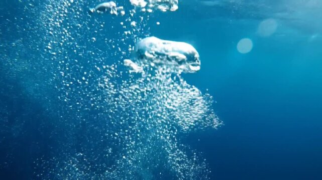 Underwater bubbles rising in deep blue ocean water, tranquil and calming, serene natural background