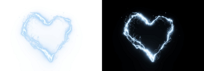 Glowing neon electric heart with bright blue lightning bolts on a transparent PNG background. Symbolizes love, passion, energy, and emotional intensity.
