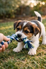 Playful Dog Enjoying Rope Toy Outdoors