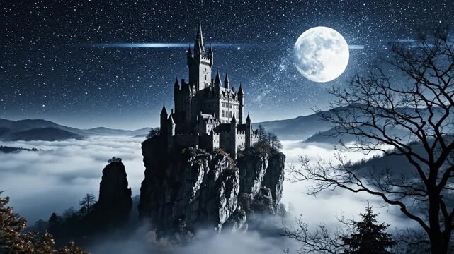 Epic Fantasy Castle Perched Atop a Cliff Surrounded by Clouds Beneath a Starry Night Moon