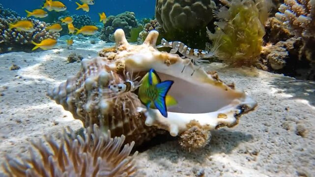 Colorful parrotfish seeking shelter inside a large seashell on the ocean floor surrounded by coral reef and small fish