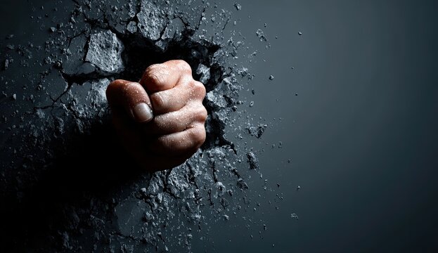 Powerful clenched fist breaking through a dark, crumbling wall surface