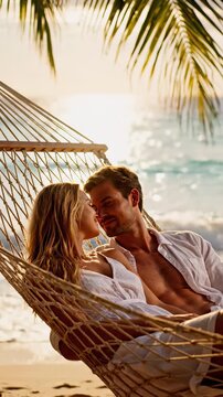 Digital detox moments captured on the beach as a couple unwinds on hammock, ocean breeze, scenic coastline, and natural light offering a glimpse of tranquil living