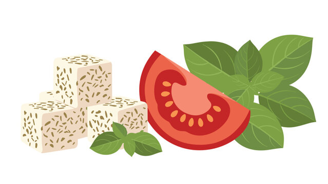 Cubes of feta cheese seasoned with herbs, accompanied by a fresh tomato slice and basil leaves, ideal for a savory Mediterranean dish.