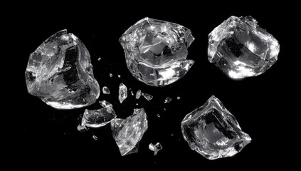 Close-up of clear, broken glass pieces on a black background