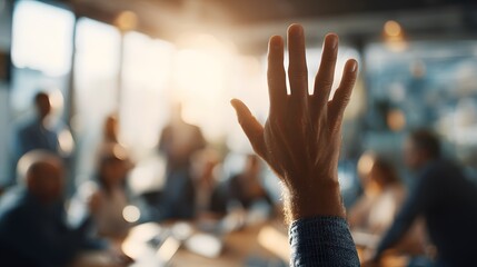 In a sunlit meeting, a hand is raised, symbolizing participation and engagement in collaborative discussions, decision-making, and the exchange of diverse perspectives.