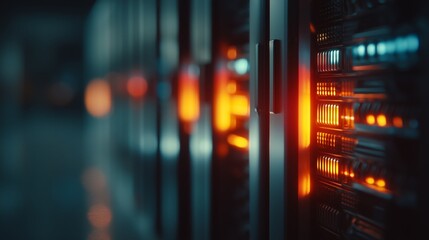 Row of active server racks glows with orange and blue lights, highlighting sleek metal surfaces and data flow. Scene reflects core infrastructure of cloud computing, digital systems and storage.