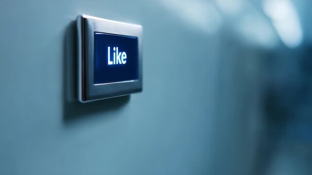 A hand is poised to interact with a digital interface, showcasing the modern concept of engagement through the act of pressing the 'Like' button in a sleek environment.