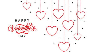 Happy Valentine's Day vector illustration features hanging red hearts with sparkling stars on a white background, elegant script text, and festive design perfect for greetings, card. © bibin