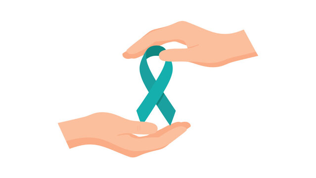 Two gentle hands delicately hold and present a vibrant teal awareness ribbon, symbolizing support for various health causes.