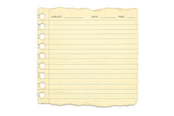 Ripped lined paper blank page with binder holes, a vintage parchment texture, and empty subject, date, page lines