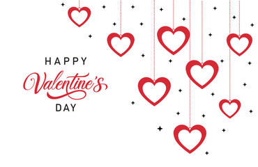 Happy Valentine's Day vector illustration features hanging red hearts with sparkling stars on a white background, elegant script text, and festive design perfect for greetings, card. © bibin
