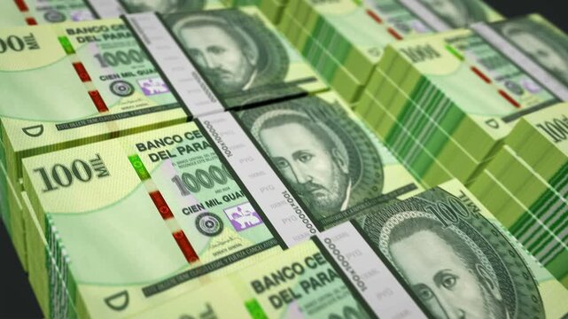 Paraguay guarani Paraguayan money pack loop 3d animation. Loopable seamless concept of finance, cash, economy, business and bank. Camera moving over 100000 PYG banknote bundle stacks.