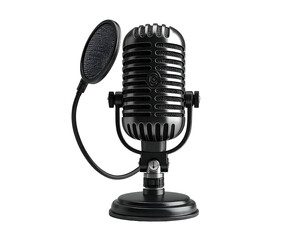 Classic vintage microphone with pop filter, black background, close-up