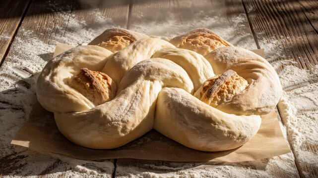 Braided Challah Dough Rises and Bakes on Rustic Wooden Surface