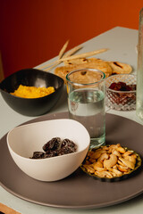 nuts, chestnuts, glass of water at iftar meal, Ramadan