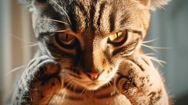 Close up of curious cat exploring sunlit room
