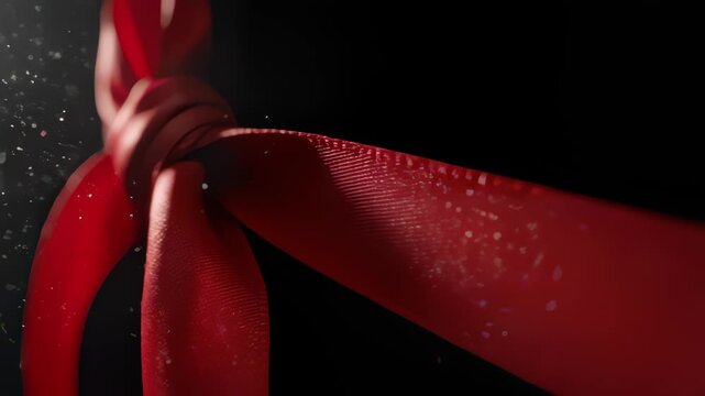 Red Ribbon Being Untied to Reveal a Hidden Object on Dark Background