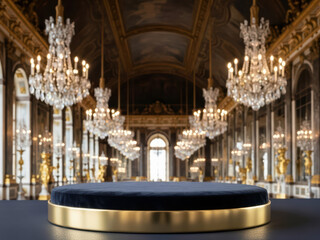 Obraz premium Elegant display podium with golden trim in a grand hall with chandeliers