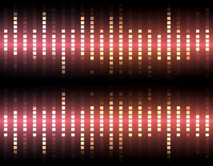 Abstract red and gold visual equalizer with horizontal lines and reflecting patterns