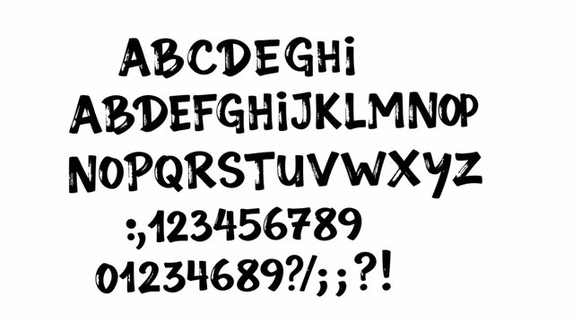 Dynamic handwritten brushstroke font showcasing full alphabet, numerals, and punctuation, offering a playful and authentic style for diverse graphic design projects