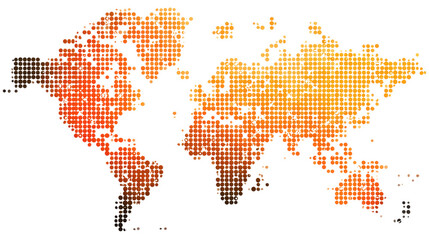 Abstract dotted world map made of glowing orange circles representing global data technology connection geography design on white background