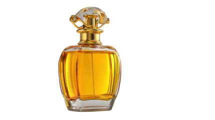 Elegant luxury perfume bottle with golden fragrance liquid showcasing beauty cosmetics glamour scent branding concept on white background