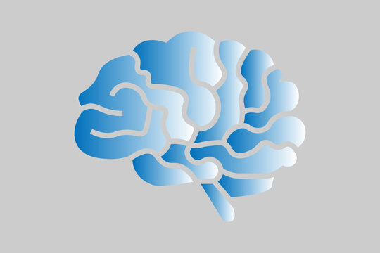 The image features a stylized profile view of a human brain set against a solid gray background.