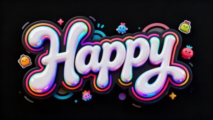Irregular cartoon anime style "Happy" title design with rounded exaggerated flowing typography, dopamine color gradient outline and surface gloss, background decorated with dynamic cartoon elements, C