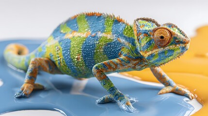 Naklejka premium A vibrant chameleon with blue, green, and orange patterns, slowly walking on a paint surface with blue and yellow colors, showcasing its textured skin and curious gaze.