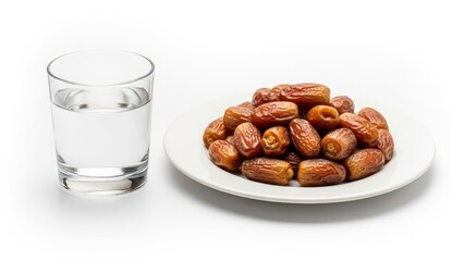 This simple, healthy arrangement of brown dried dates and a clear glass of water is isolated on a pure white background in a bright high-key studio shot, traditionally used for breaking a fast.