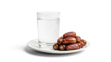 A bright and clean studio shot of sweet brown dates piled next to a refreshing glass of clear water, presented on a small white plate against a pure white background.