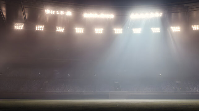 spectators. Empty soccer stadium illuminated by dramatic floodlights creating atmospheric dusk ambiance. event key visuals, club posters, designed for fitness apps and gym onboarding.