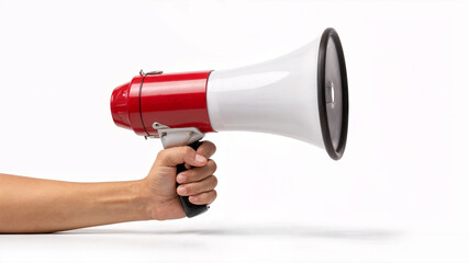 Hand holding a red and white megaphone for announcing information during an event or gathering in a clear and loud manner