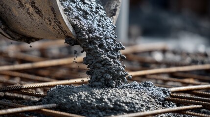 Fresh concrete pours from a chute onto steel rebar, forming a new foundation on a construction site