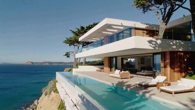 Stunning aerial view of a contemporary luxury house built on a cliffside, featuring a beautiful infinity swimming pool with a panoramic sea view on a sunny day in an exclusive location