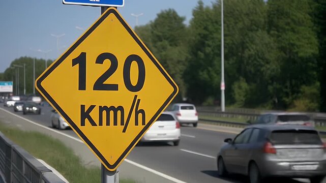 Highway Speed Limit Sign at 120 km/h on a Busy Road with Cars and Green Trees