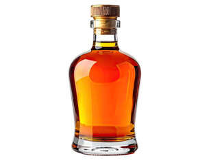 A liquor bottle, amber liquid, cork stopper, clear glass, black background