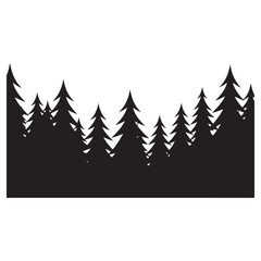 Dense forest of evergreen trees in silhouette against white background