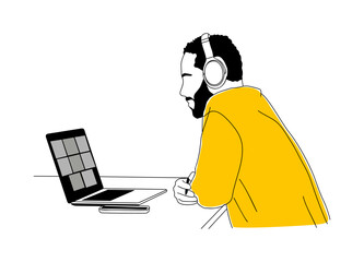 Modern minimalist line art illustration of a person working at a desk with laptop and headphones in black and yellow color scheme.