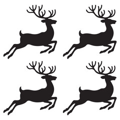 Four black reindeer silhouettes running in unison on white background
