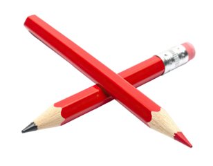 Two crossed red writing tools with erasers and graphite tips