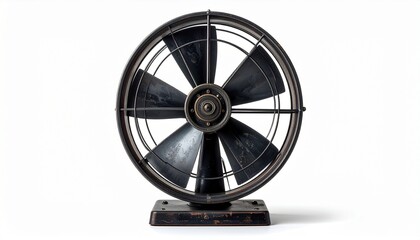 Obraz premium Vintage-style electric fan with five black blades and circular metal grille on a round base.