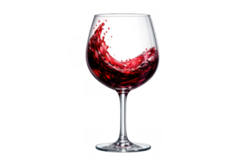 Red wine splashing inside a crystal glass, liquid swirling creating dynamic motion, transparent background